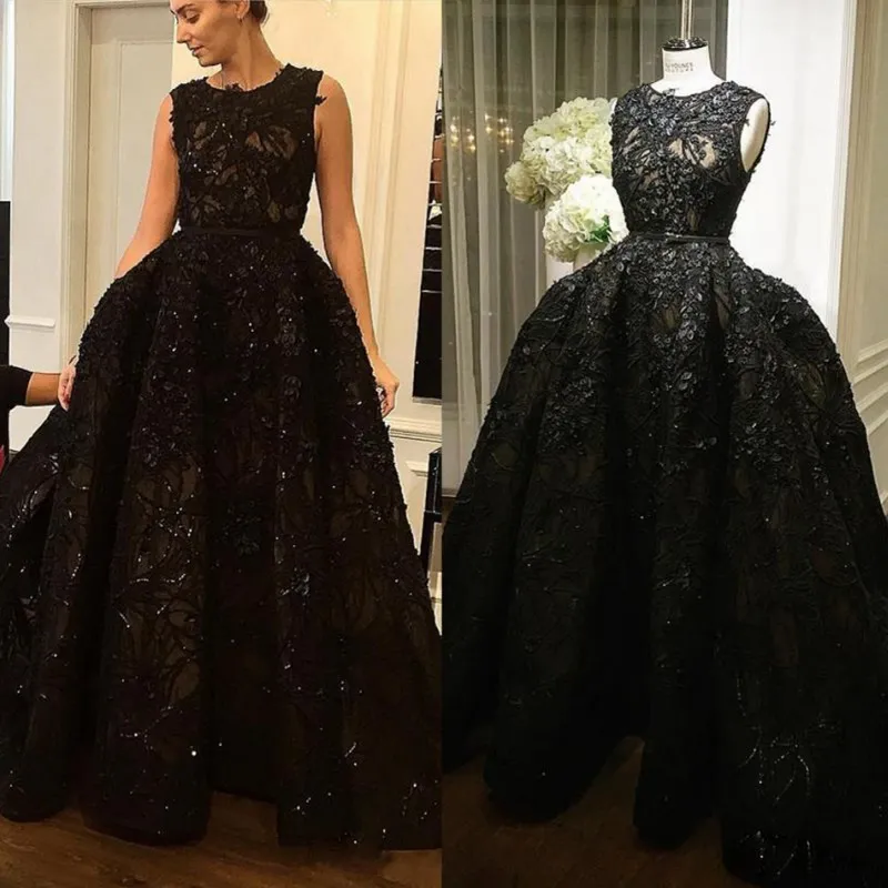 Zuhair Murad robe de soirée noire sans manches pleine appliques perles robe de bal avec train détachable balayage train paillettes robes soirée formelle