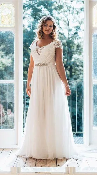 2022 Elegant Cheap Wedding Dresses Plus size V neck With Short Sleeves Applique Ribbon with Crystal Beaded Chiffon Hollow Back lace Gowns