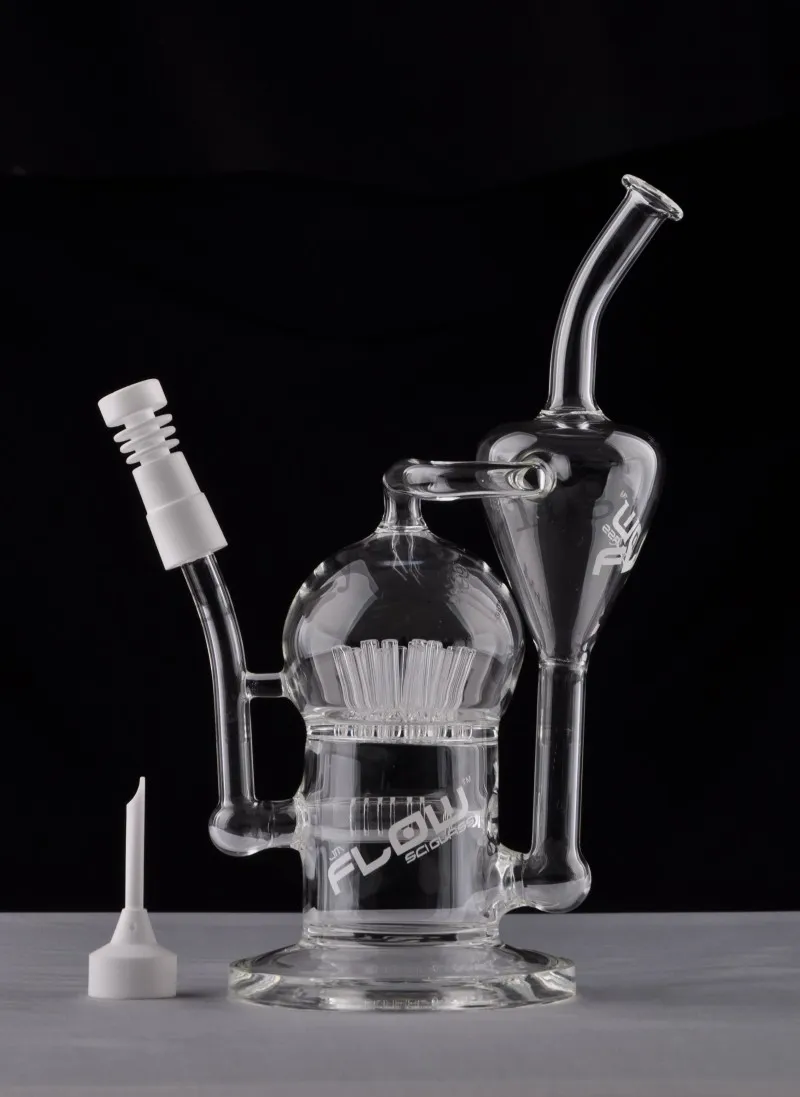 JM hookahs Flow Glass Bongs Glass Bong Thick Large Recycler Oil Rigs with Sprinkler Perc Arm Tree Perc Percolator Water Pipes Free Shipping