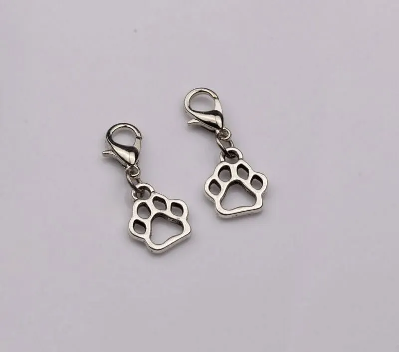 100st Hollow Dog Paw Floating Lobster Clasps Charmhängen smycken som gör DIY handgjorda hantverk 11x27mm antik silver