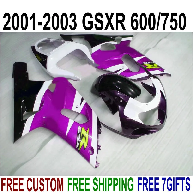ABS plastfeedningar för SUZUKI GSXR600 GSXR750 2001-2003 K1 GSX-R 600/750 01 02 03 Svart Lila Vit Fairing Kit SK70