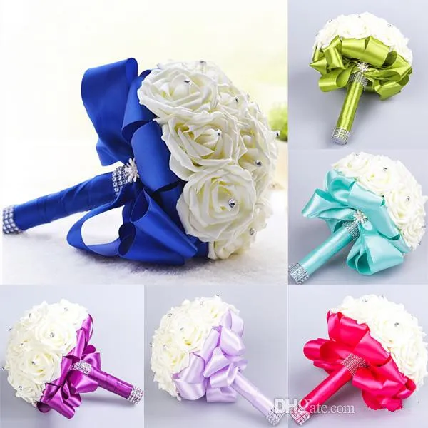 New Bridal Bouquet Wedding Decoration Artificial Bridesmaid Flower Crystal Silk Rose WF001 Royal Blue Mint White Green Lilac Cheap4260682