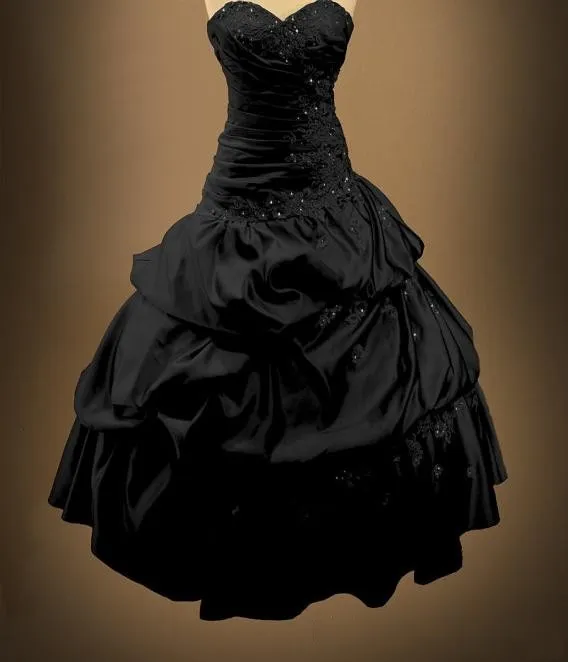 Real Po Black Gothic Wedding Dresses spetsapplikationer pärlor katedral tåg veck draperade formella brudfestklänningar 2015 anpassade M334R