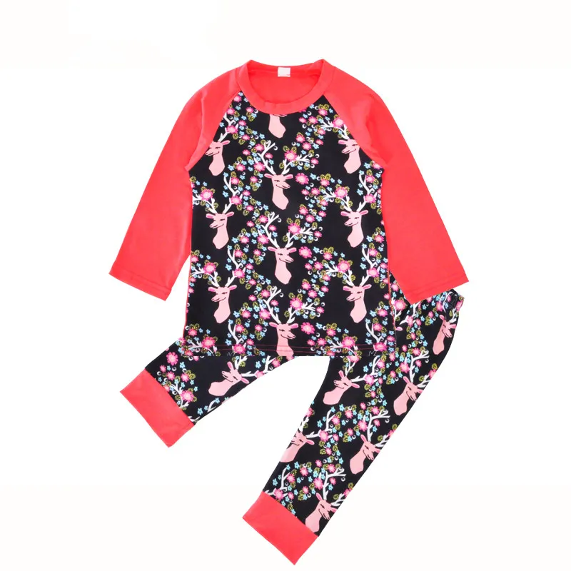 Set di vestiti per bambina appena nato Natale Primavera Autunno Cartone animato Testa di cervo T-shirt + pantaloni 2 pezzi Stampa animalier Set di vestiti per ragazze per bambini