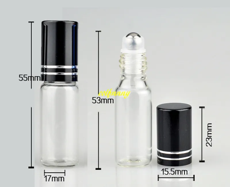 / OT Gratis frakt 5ml Clear Glass Essential Oil Roller Flaskor med rostfritt stål rullbollar 5cc parfymer rullar på flaskor 5 färger