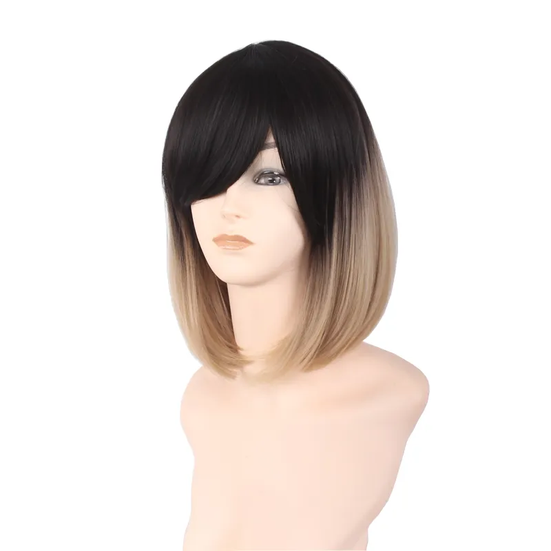 Kobiety średnie proste syntetyczne włosy żeński czarny brązowy gradient bobo odporny na ciepło peruki cosplay kolor Ombre z Bang SE7153404