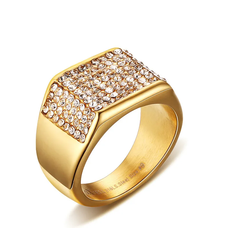 Titanium Steel Set Diamante Men Fashion Rings Gold 11mm Size 7-12