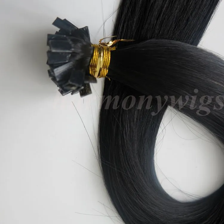 Pre Bonded Flat Tips Human Hair Extensions 100g 100Strands 18 20 22 24INH # 1 / JET Svart Brasilianska Indiska Keratin Hårprodukter