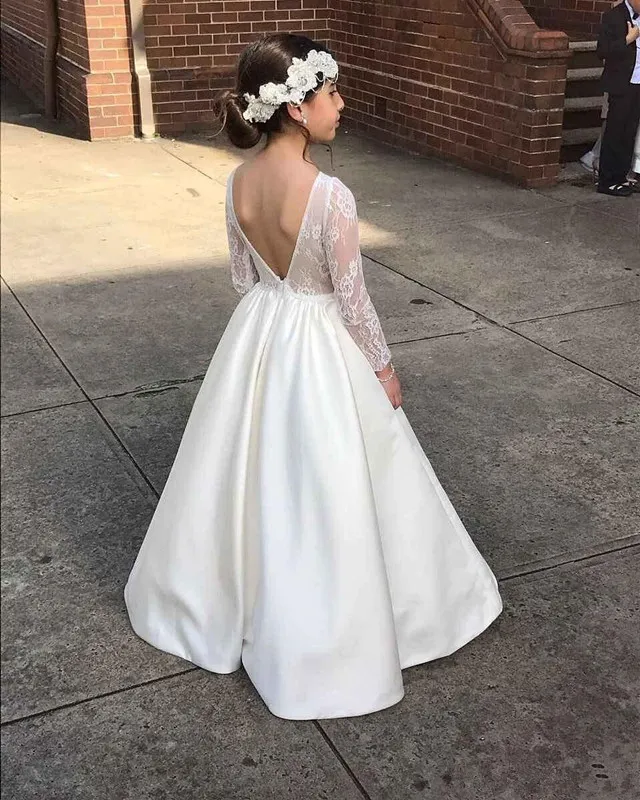 2019 robes première communion bijou dentelle manches longues v dos nu robes de mariée enfants satin une ligne robes de soirée