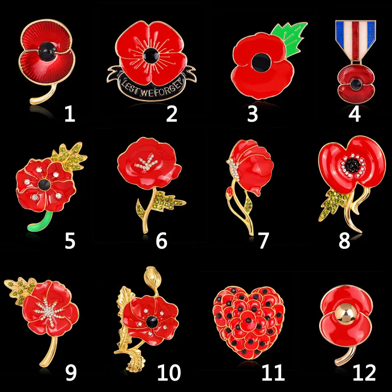 Brosch för kvinnor 12 STK/PARTI Grossisthandel Röd Kristall Rhinestone Vallmo Broscher Pins UK Remembrance Day Julbroscher