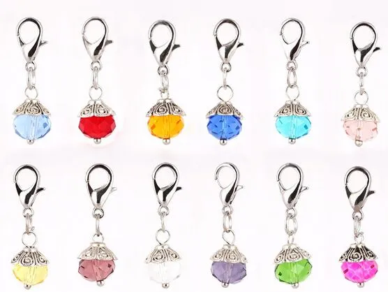 Mix Colors Crystal Birthstone Dangles Birthday Stone Pendant Charms Beads With Lobster Clasp For Floating Locket