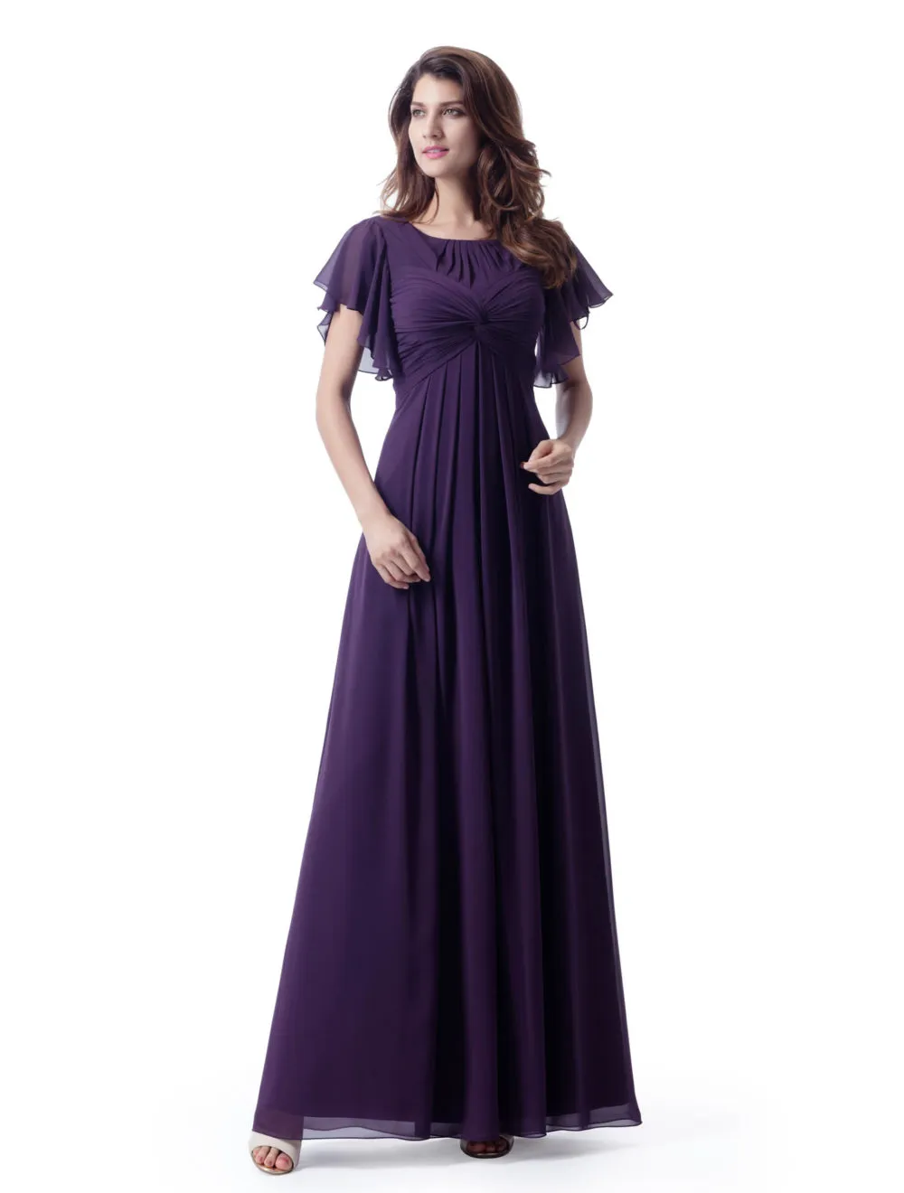 Lila A-Line Long Modest Bridesmaid Klänningar Med Flutter Ärmar Ruched Chiffon Ankel Längd LDS Brudtärna Robes med Empire Waist