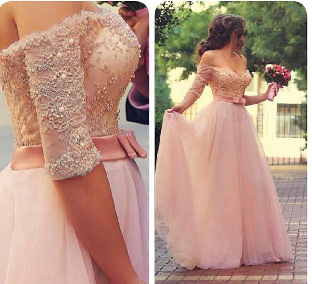 Off-the-schouder Half Mouw Avondjurken 2015 Roze Kant Applicaties Beading Peals Ruched Tulle Prom Jurken Lange Plus Size Formele Jurken