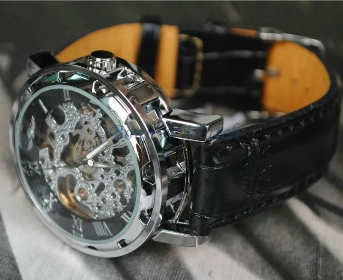 Vinnare Watch Vintage Skeleton Transparent Wheel Gear Totem Sport Militär klockor Läderband Mekanisk automatisk armbandsur295r