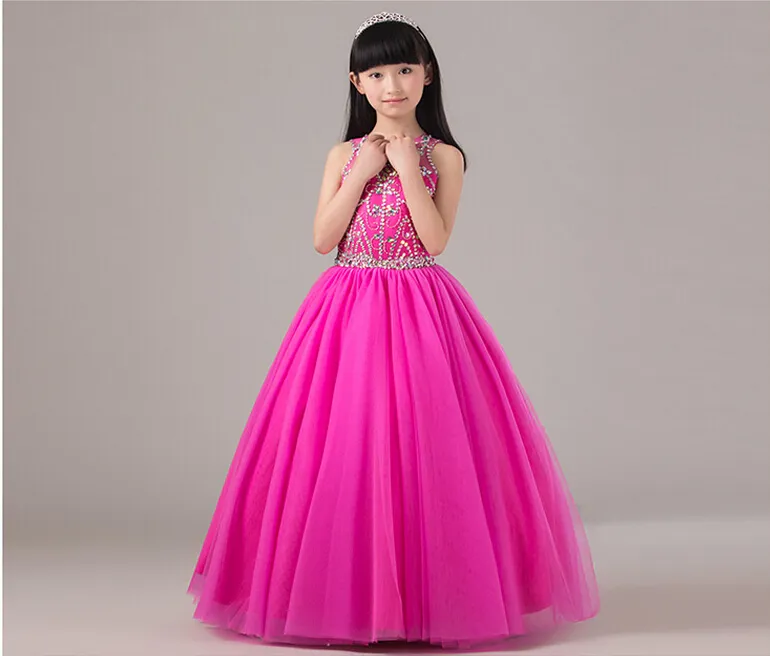 Urocza Księżniczka Fuksja Klejnot Dekolt Długi Kwiat Girl Dresses Koraliki Tulle Długość Płaska Suknia Backless Wedding Party Girl Dress