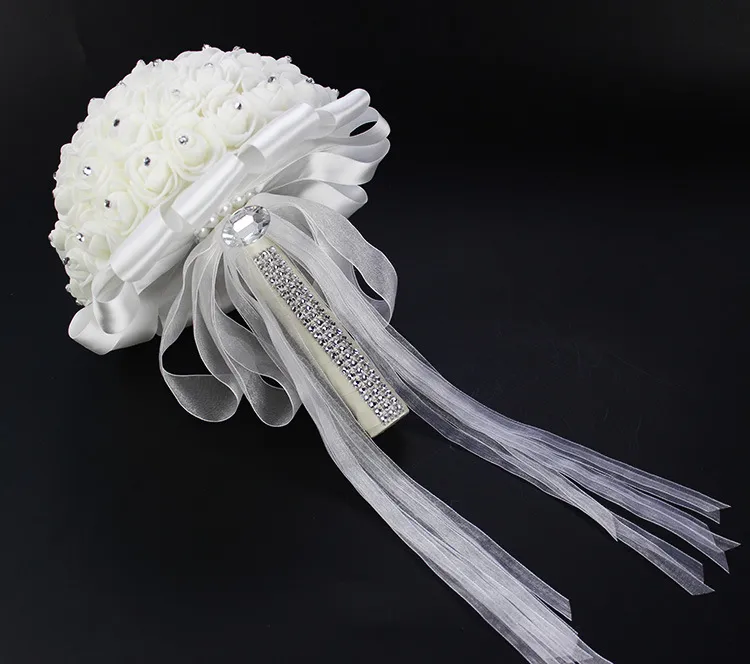 2016 New Crystal White Bridal Wedding Bouquets 구슬 신부를 잡고있는 꽃 손으로 만든 인공 꽃 장미 신부 들러리 196253051