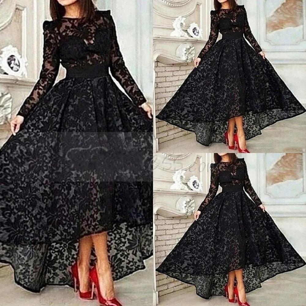 2016 Fashion New Arrival Charming Long Sleeve Round Neck Zipper Up ALine AsymmetricBlack Lace Evening Dresses 10004508460