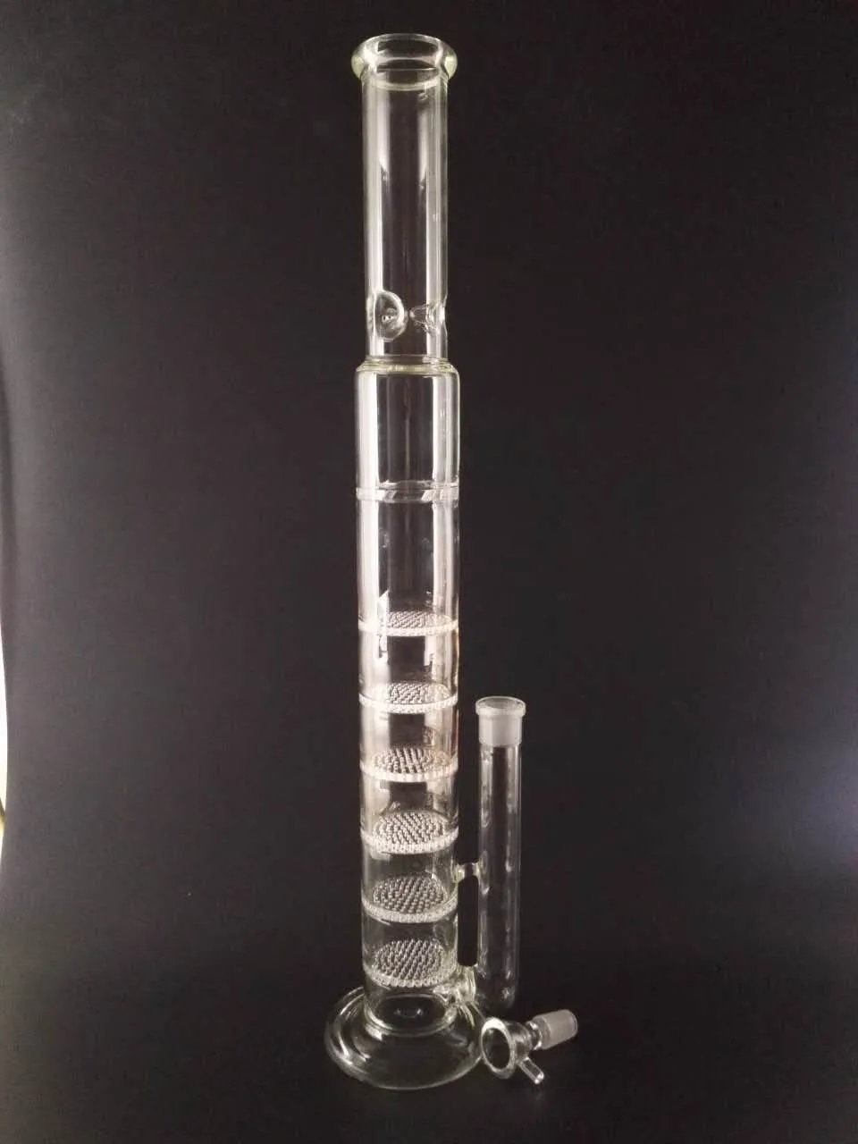 H: 47 cm, T: 6 cm. Glasbong, handliche Wasserpfeife, 7-lagige Wabenstruktur, Perkolator, Bubbler, Recycler, Bohrinseln, Aschefänger, 18 mm Gelenk, Glasschale, tragbar