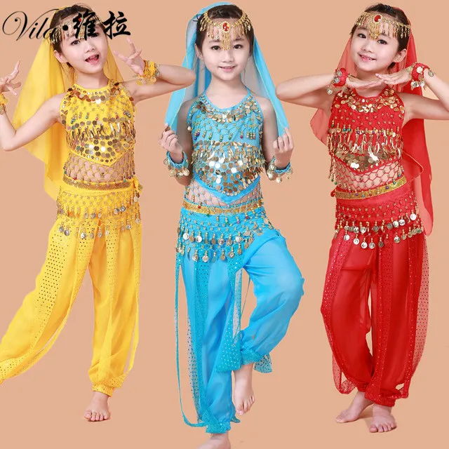 Trajes de danza del vientre hechos a mano para niños, conjunto completo de tela para danza del vientre para niños, actuación india de Bollywood, 7 Uds.