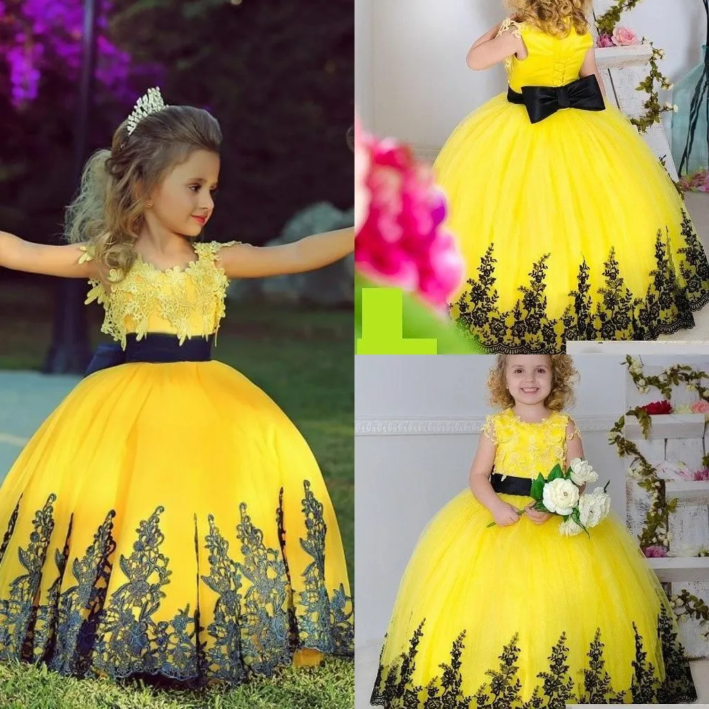 2019 New Pageant Dresses For Girls Black Appliques Tulle Floor Length Yellow Ball Gown Flower Girls Dresses For Wedding Kids