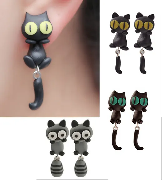 Hurtownie 12 par Handmade Polymer Clay Cute Lovely Cat Animal Stud Kolczyki Ear Stud Biżuteria Brincos de Festa