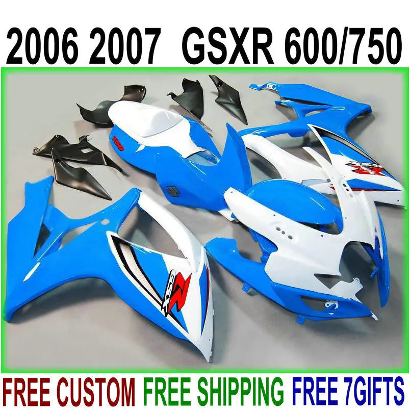 SUZUKI GSX-R600 GSX-R750 용 선물 세트 7 개 무료 배송 2007 K6 블루 화이트 블랙 페어링 키트 GSXR600 / 750 06 07 페어링 NS64