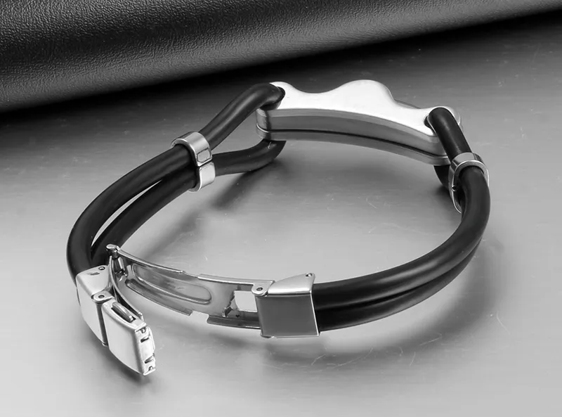 Trendy Hoge Kwaliteit Nieuwe Design Unisex's Xmas Beste Gift Zwart Siliconen Bangle met roestvrijstalen zilveren Link Armband 8.5 '' Gratis verzending