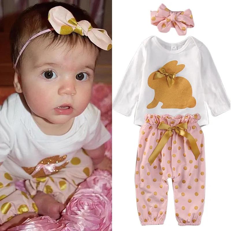 Bonito Roupa Dos Miúdos Bebê Recém-nascido Meninas Roupas Headband Coelho Romper Polka Dot Calças Calças Roupas Infantis Roupas Crianças Conjunto 0-18 M