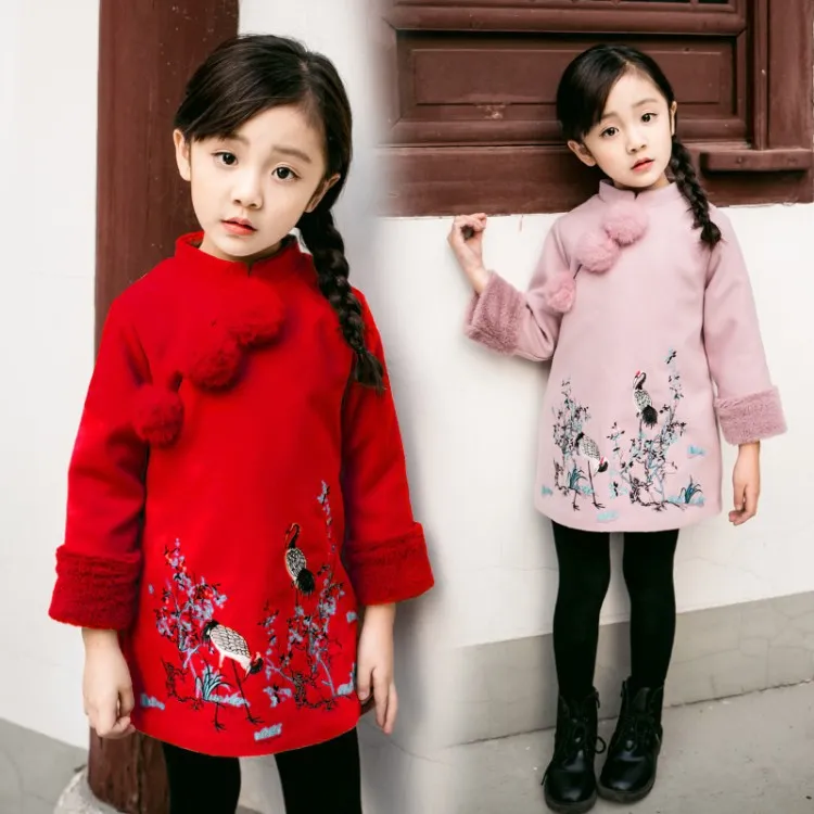 Kids Girls Dresses New Winter Chinese Cheongsam Style Thick Warm New Year Baby Girls Long Sleeve Princess Dresses For 2-8 Years 