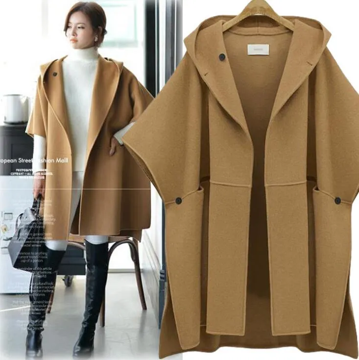 Plus Size New Autumn Winter Wool Mieszanki Płaszcz Płaszcz Płaszcz Płaszcz Z Kapturem Luźne Topy Znosić Cape Coats 3 Kolory C3230