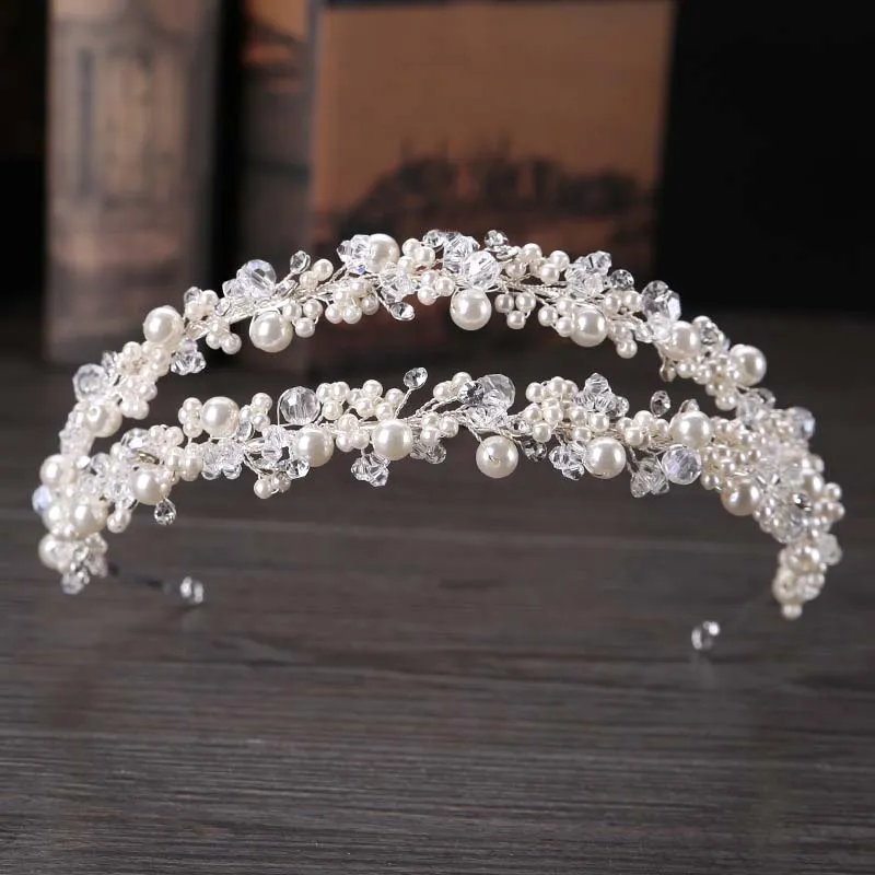 Vintage Wedding Bridal Crystal Rhinestone Pearl Beaded Hair Accessories Headband Band Crown Tiara Ribbon Headpiece Jewelry Set2204