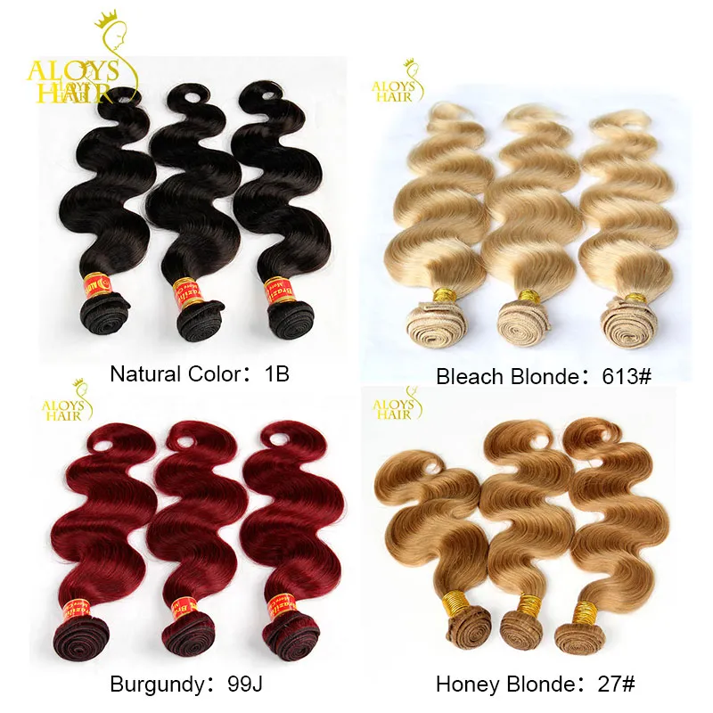 Brazilian Virgin Hair Body Wave 3Pcs Natural Black/Honey Blonde 27#/Bleach Blonde 613#/Burgundy Red 99J Human Hair Weave Bundles Double Weft