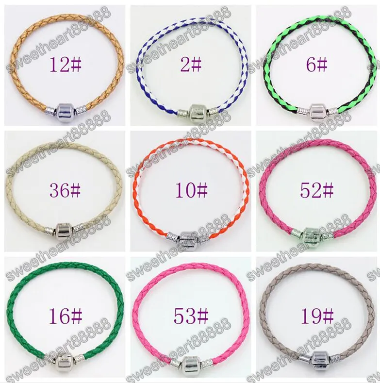 Solo 925 cierre de plata Hebras de cuentas de cuero Pulseras Cadenas para pulseras Pandora 17 cm 19 cm 21 cm 20 unids / lote es Pulsera Fit European Charm Beads