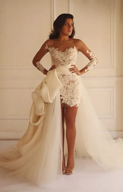 Superbe dentelle tulle col rond manches longues robes de mariée mode jupe détachable illusion longueur au genou courte robe de mariée corset avec ceinture