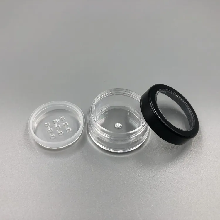 5 ml, 5 g, tragbarer, leerer, transparenter Make-up-Puderbehälter mit Sieb und schwarzem Schraubdeckel, 10 g loses Puderglas, Topfbox