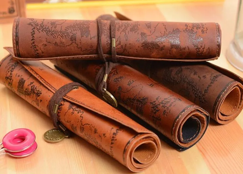 Vintage Retro Treasure Map Pencil Cases Luxury Roll Leather PU Pen Bag Pouch For Stationery School Supplies Make Up Cosmetic Bag G1229