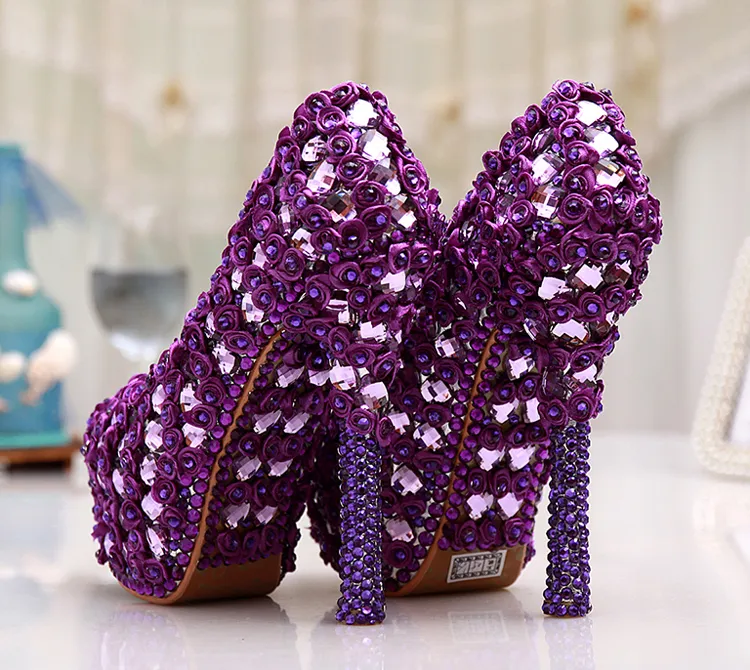 Zapatos de tacón con plataforma de cristal púrpura para mujer, calzado de vestir para fiesta de boda, ramo de boda de 5 pulgadas, talla grande 11