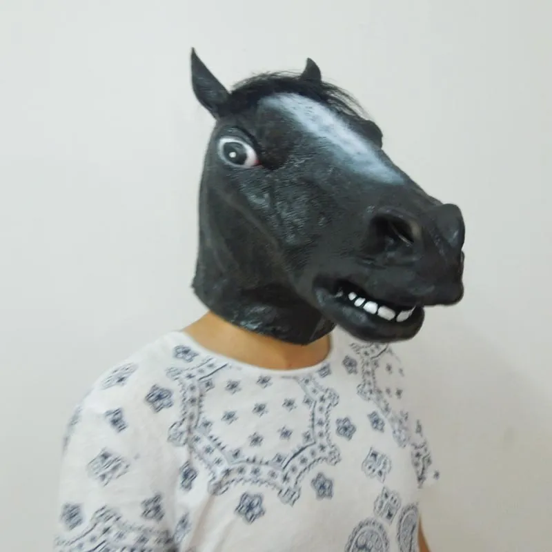 Masque de cheval noir en Latex, masque de tête d'animal effrayant, Costume d'halloween, accessoire de théâtre de noël, vente en gros