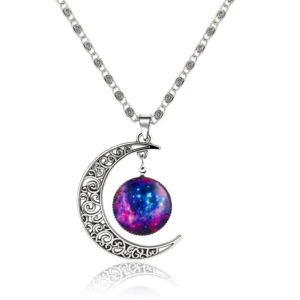 Mode Galaxie Planet Anhänger Halsketten Mond Cabochons Glaswelt Sternenraum Mondstein Charms Halskette Für Damen Halsband Schmuck