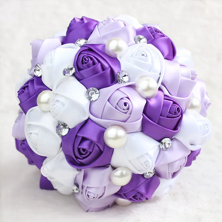 Wholesale Romantic Purple Bridal Bouquet Pearls Crystal Artificial