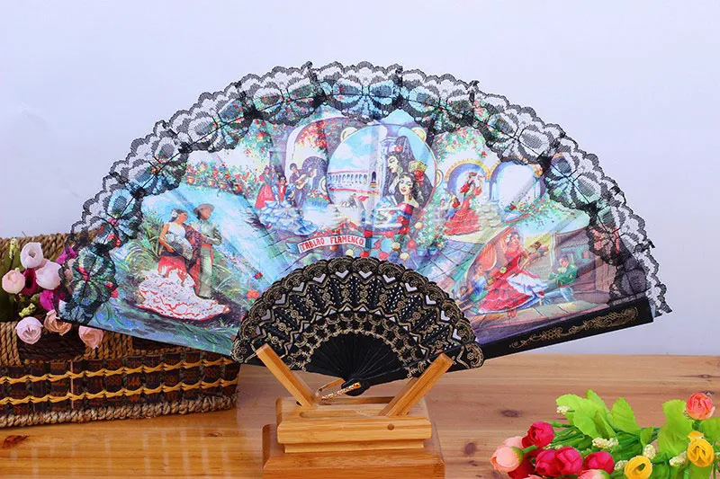 Fabric Spanish Style Character Landscape Fan Pattern Dancing Party Folding Hand Fan Size 9" Pack of Random Color