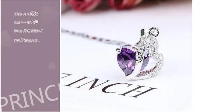 2016 Nowy 925 Silver Miłość Wisiorek Ametyst Kryształ Romantyczny Heart Multicolor Wisiorki Naszyjniki Dla Kobiet Biżuteria Walentynki Prezent