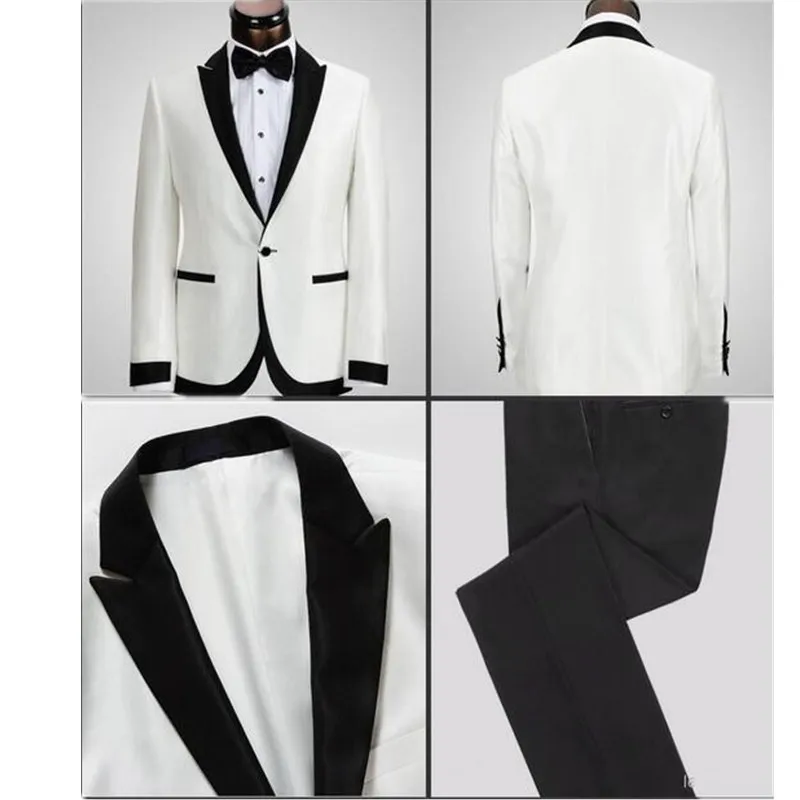 Biała Kurtka Czarne Spodnie One Button Groom Tuxedos Najlepszy człowiek Peak Lapel Groomsman Wedding Garnitury Oblubienia Kurtka + Spodnie