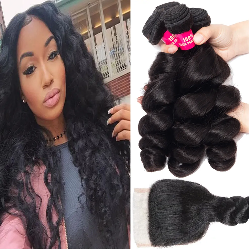 Vague corporelle droite péruvienne Kinky Yaki Vague profonde Kinky Curly Vierge Cheveux humains 3bungles avec fermeture en dentelle Brésilienne cheveux péruviens