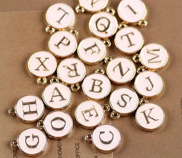 26 Letters Stamped Initial Charm Pendants GOLD Plated White Drip Round DIY Letter Pendant for necklace for choices