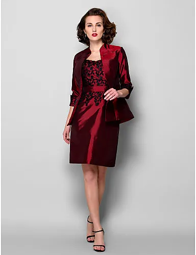 New Arrival Free Shipping Elegant Sheath/Column Mother of the Bride Dress With Jacket Burgundy Knee-length 3/4 Length Sleeve Taffeta