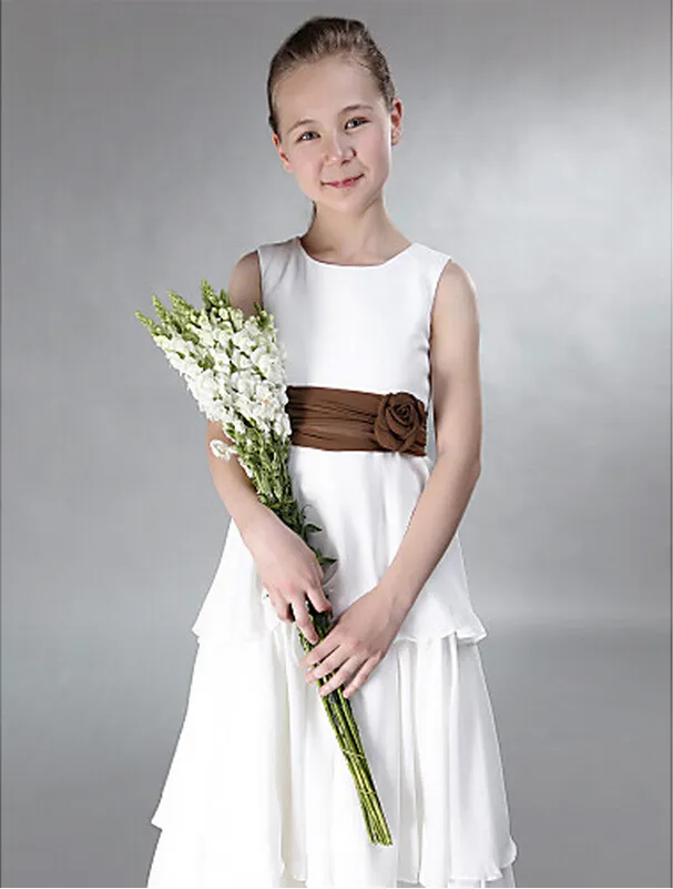 Princess A-Line Jewel Tiers Длина пола с Sash Chiffon Junior Bridemaid платье для свадьбы