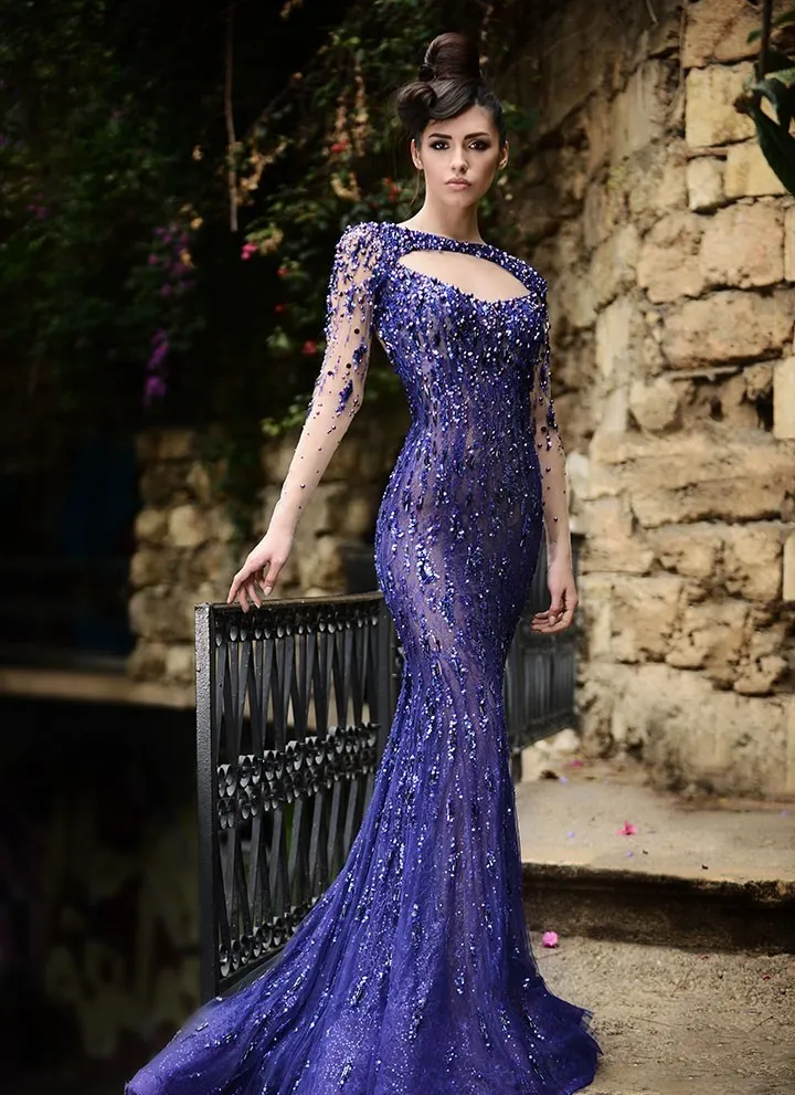 Pretty Mermaid Jewel Sequin Long Evening Dress Lace Prom Dresses With Sleeves C3446 main image 0