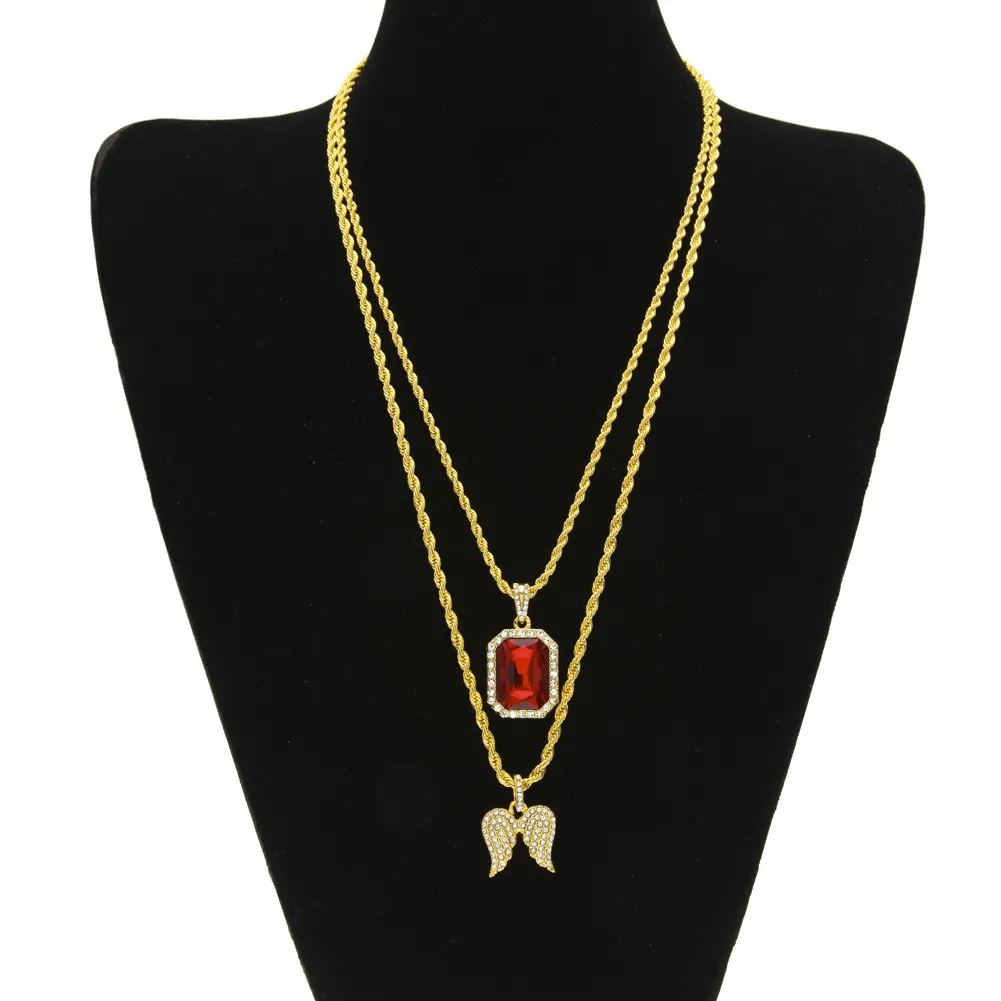 Mens Hip Hop Jewelry sets Mini Square Ruby Sapphire Full crystal Diamond Angel wings pendant Gold chain necklaces For male Hiphop 279b