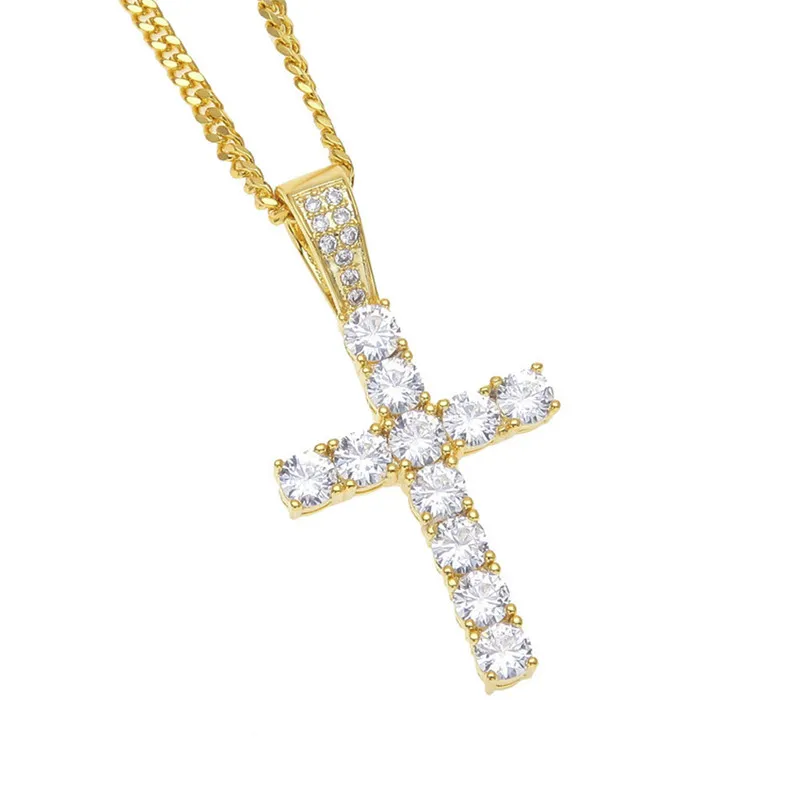 Hotsale крест ожерелье 18K желтое золото гальваническим крест кулон Цирконий для девочек женщин Hip Hop Jewelry NL-411